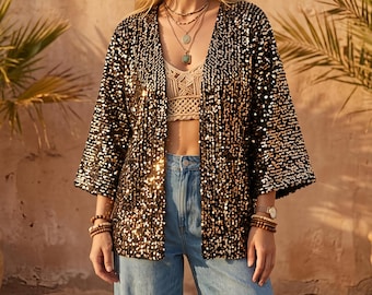 Customized gold and black sequin jacket oversized party jacket, red sequin kimono, teal, purple, green plus size, concert kimono
