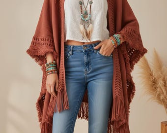 Boho Loom Kimono – Mysig marockansk kofta – Varmare kimono med öppen framsida – En storlek S-XL – Höst/vinter-överdrag