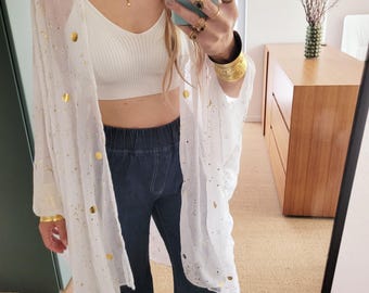 Unisex Moon and Stars Kimono – Boho Festival Cardigan, Whimsigoth Cover Up, Plus Size Beachwear, Lightweight Black Robe for Men & Women