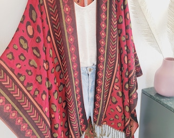 Kimono Damen, unisex langer Boho-Cardigan, ethno-Print-Kimono, leichter Cardigan, Pashmina Jacke, roter poncho, Kimono men