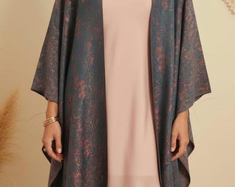 Handgjord kimono för kvinnor, unisex lång boho kofta, petrol, babyrosa, lätt kofta, lång stickad jacka, kimonokofta