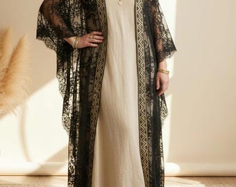 Boho spetskimono svart – lång & transparent – gotisk kofta en storlek till plus size – fantasifull festivaloutfit – vit spetsmoking