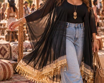 Chiffon Kimono with Gold Sequin Trim, Boho Wedding Guest Cover Up, Festival Kimono, Beach Cover Up, Sheer Pink Kaftan