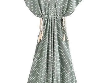 Long dress with floral pattern, maxi dress women with dots, printed dress, casual green dress, polka dots dress, dark blue dress