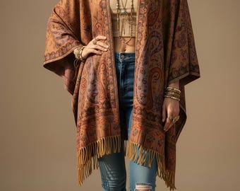 S-3XL varm kofta med paisleymönster, tjock bohemisk kofta, kofta, grön bohemisk jacka, gråsvart kofta