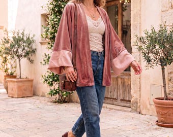 Women's Velvet Jacket Autumn, Boho Kimono in Velvet with Satin, Velvet Jacket, Elegant Autumn Jacket, Customizable, Plus Size