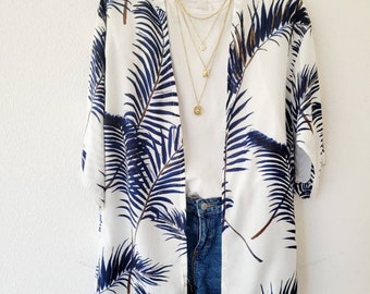 short white cotton boho cardigan women, white and blue boho kimono, light jacket, beach kimono, poncho, kimono jacket,  tassel short jacket