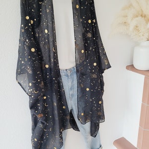 Unisex moon and stars cardigan, women black long kimono, men light cardigan,festival kimono, plus size bikini cover up, paisley print kimono Bild 1