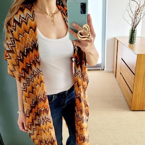 Boho cardigan med sicksackmönster i bruna och orangea toner | Luftig, lätt cardigan | En storlek passar alla