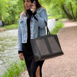 Leather Tote Bag, Large Leather Bag, Shoulder Bag Leather, Woman Leather Bag, Gray Tote Bag, Laptop Bag, University Bag, Work Bag