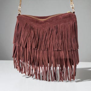 Braun-Bordeaux Fransen Umhängetasche - Echt Veloursleder Tasche mit drei Reihen FFransen, Boho Festival Schultertasche