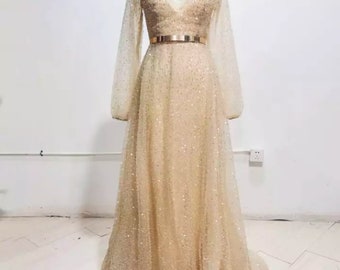 Glitter Two Pieces Wedding Dress With Detachable Coat Gold Sash