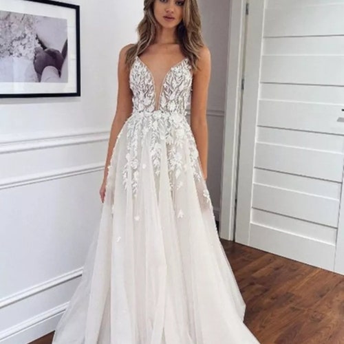 Grazia Aline Lace Wedding Dress With Deep V Neck & Soft - Etsy Canada