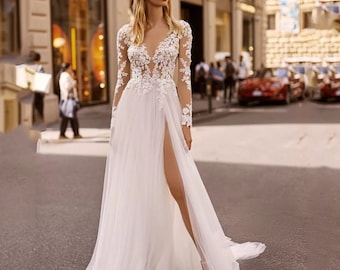 long sleeve lace v neck wedding dress