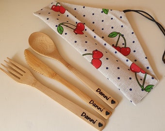 Personalised Laser Engraved Bamboo 3 Piece Cutlery Set, Eco Friendly Reusable Cutlery