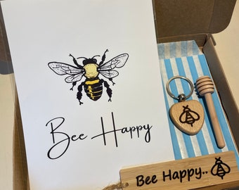 Bee Happy Letterbox Gift Set, A5 Bumble Bee Print, Keyring, Bookmark & Honey Dipper