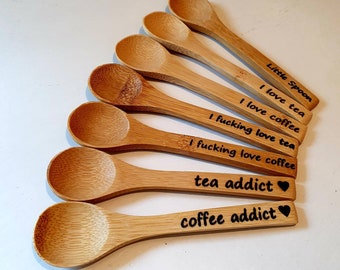 Laser Engraved Bamboo Spoons, Tea Lover, Coffee Lover, Tea Addict, Coffee Addict, Eco Friendly Gift