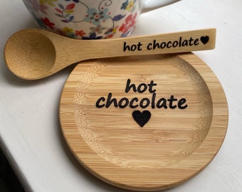 Hot Chocolate Laser Engraved Bamboo Spoons & Coasters, Unique Eco Friendly Christmas Stocking Filler Gifts