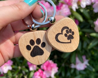 Laser Engraved Wooden Paw Print Keyring, Cat Lover Gift, Dog Lover Gift