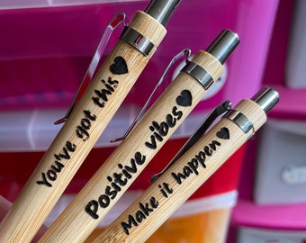 Positive Daily Reminder Laser Engraved Bamboo Pens, Unique Eco Friendly Stationery, Positive Vibes, Make it happen, You’ve got this