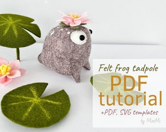 Felt frog tadpole with flower PDF pattern download. Sewing instructions + SVG file for Cricut