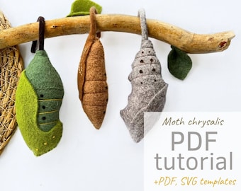 Sewn felt cocoon chrysalis set PDF pattern download, sewing tutorial. Realsitic pupa