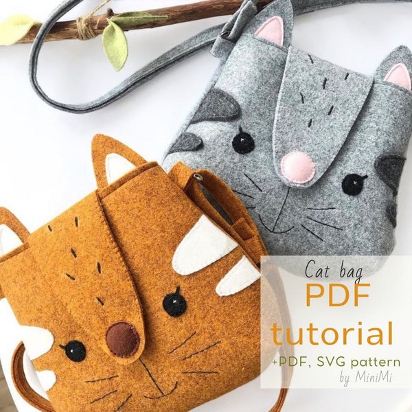 Tote felt bag PDF pattern, cat purse SVG