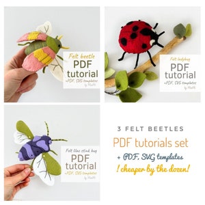 May include: A set of three felt insect PDF tutorials, including a beetle, ladybug, and stink bug. Each tutorial includes PDF and SVG templates for crafting.