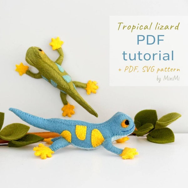 Tropical felt lizard PDF pattern download, sewing tutorial