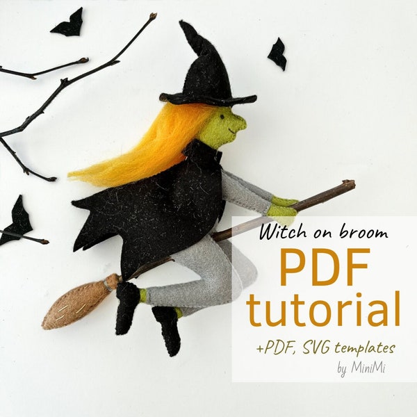 Halloween felt Witch on broom PDF pattern download, sewing tutorial