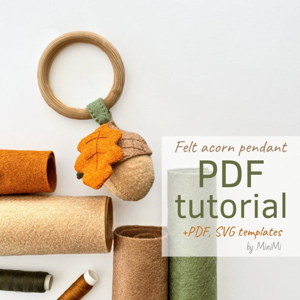Woodland felt cute acorn pendant PDF pattern download, sewing tutorial