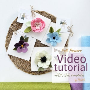 Felt anemone, rose, violet, periwinkle flower set Video tutorial, PDF, SVG pattern