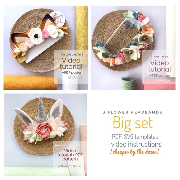 Three flower headbands video tutorial: fox ears, unicorn, boho wreath. PDF SVG pattern