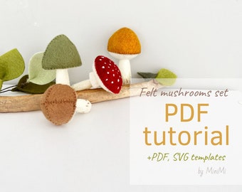 Felt mushrooms set PDF pattern download, sewing tutorial