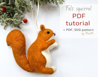 Xmass felt tree toy red squirrel PDF pattern download, sewing tutorial