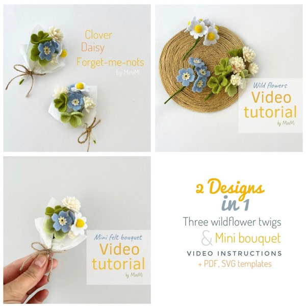 Felt Daisy, forget-me-not, clower Video tutorial, PDF, SVG p;attern