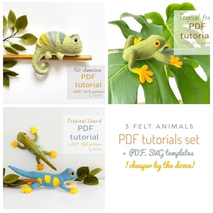 Tropical felt frog, lizard and chameleon set PDF templates download, sewing tutorial