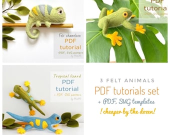 Tropical felt frog, lizard and chameleon set PDF templates download, sewing tutorial