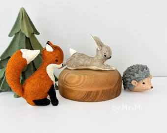 Felt plush woodland animals ornament. Fox, hare and hedgehog