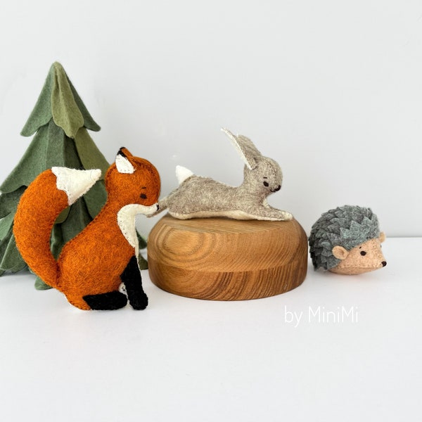 Felt plush woodland animals ornament. Fox, hare and hedgehog