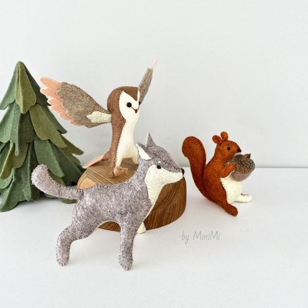 Felt plush woodland animals ornament. Owl, wolf and squirrel