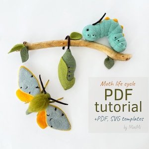 Tiger moth, caterpillar and chrysalis felt PDF project. Pattern download, sewing tutorial