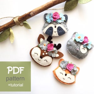 Woodland plush felt animals, PDF pattern download, sewing tutorial