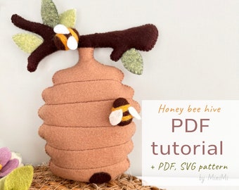 Felt bee hive on branch PDF pattern download, sewing instruction + SVG file for Cricut