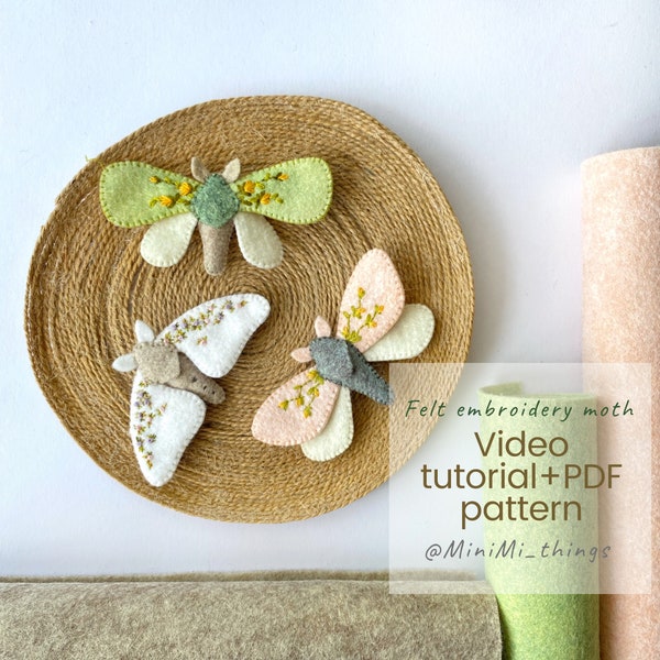 Felt embroider moth set of three Video tutorial, PDF, SVG, EPS pattern