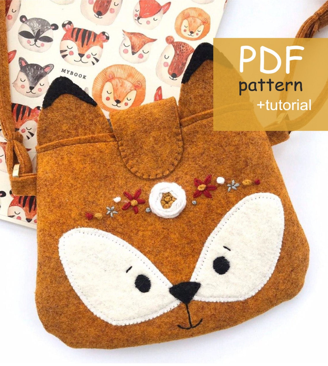 Tote Felt Bag PDF Pattern, Fox With Floral Embroidery - Etsy