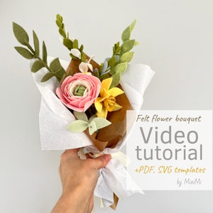 Felt spring flowers bouquet Video tutorial - realistic design - PDF SVG templates