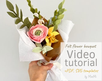 Felt spring flowers bouquet Video tutorial - realistic design - PDF SVG templates