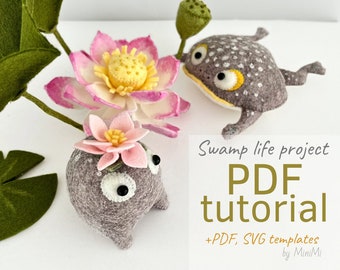 Swamp Felt toad, Tadpole, Lotus bundle PDF Pattern, DIY Sewing Tutorial, SVG Template, Beginner Friendly + Video Guide