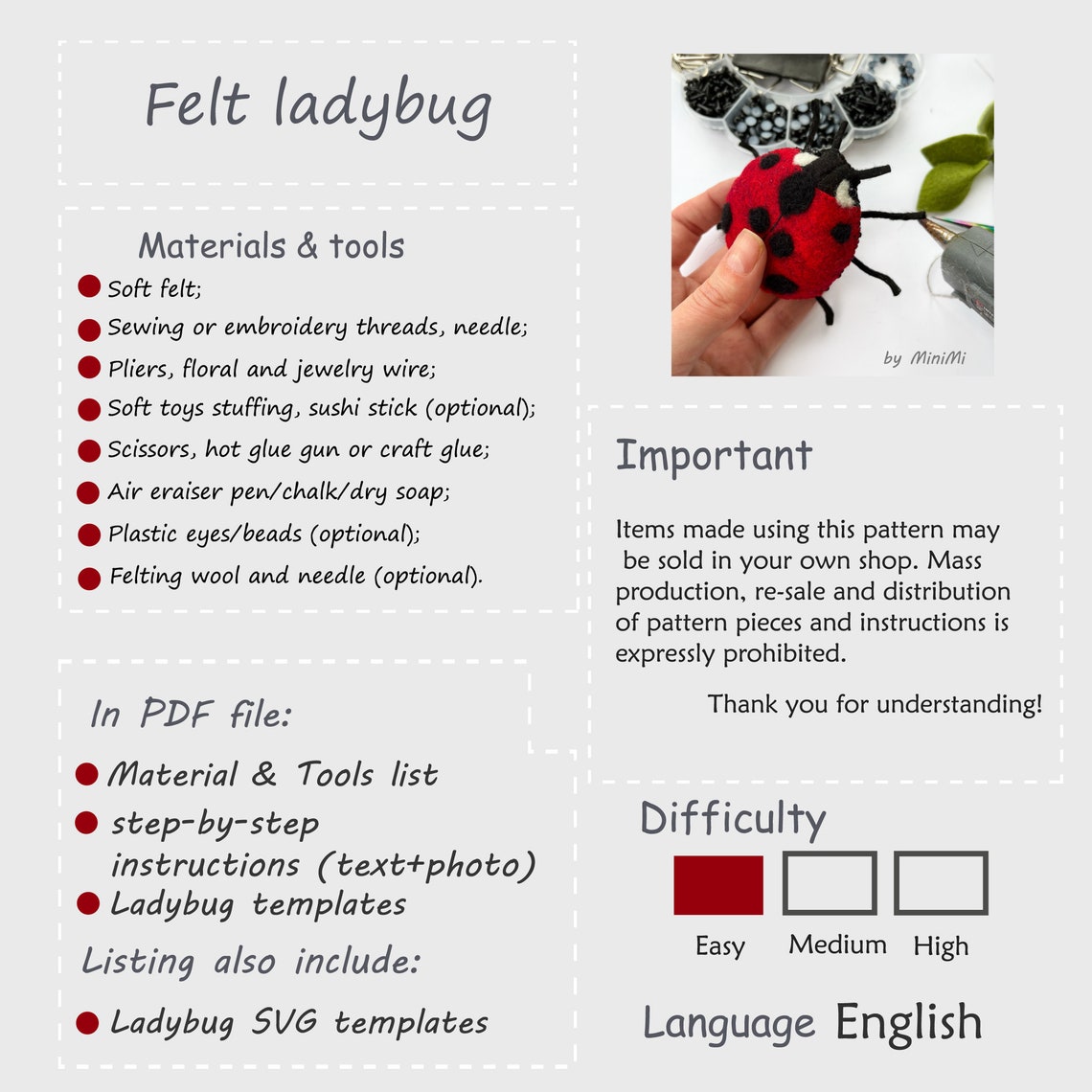 Felt Ladybug PDF Pattern Download | Easy Sewing Tutorial - Etsy